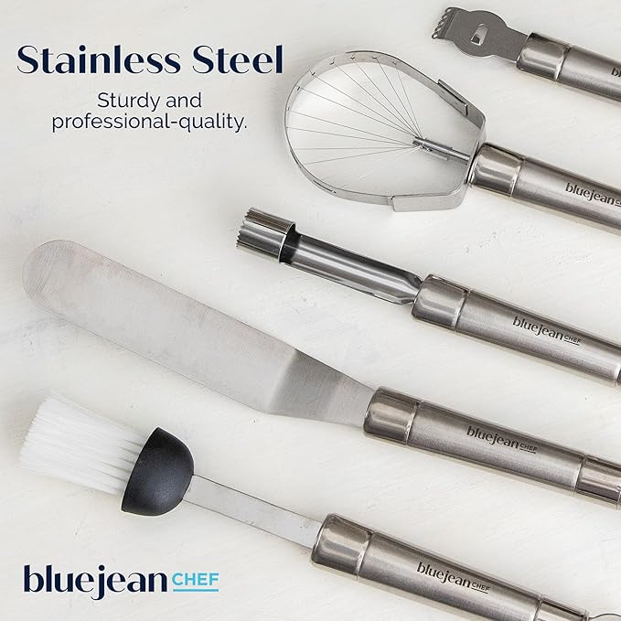 The Blue Jean Chef 8-Piece Kitchen Tool and Gadget Set, Stainless-Steel Kitchen Tools with Storage Pouch, Dishwasher Safe