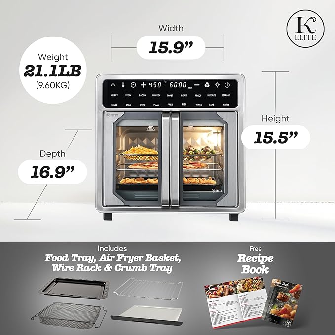 Kitchen Elite 16 Quart French Door Air Fryer Oven – Family Size Countertop Convection Cooker with LED Display, Stainless Steel