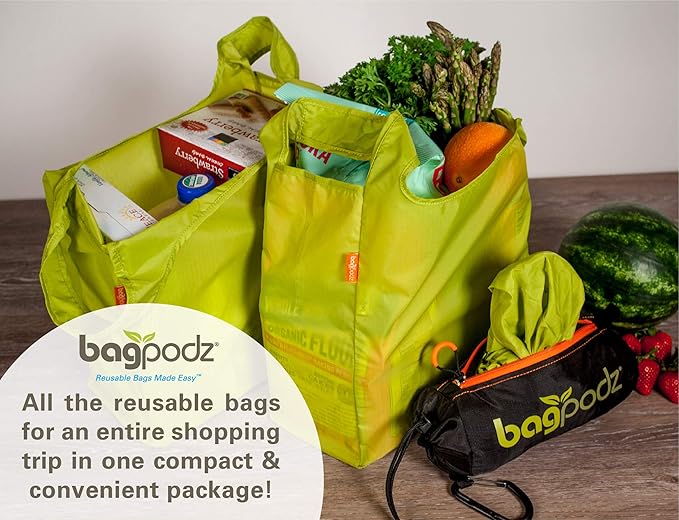 Sturdy Reusable Grocery Bags Foldable and Washable - Made From RipStop Nylon Hold 50lbs - Designed in USA Reusable Shopping Bags Inside a Compact Pod with Carry Clip - 10 Pack in Green