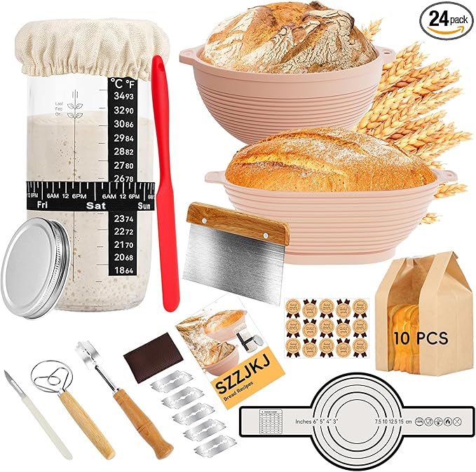 Sourdough Starter Kit, 24PCS Sourdough Bread Baking Supplies, 9"Round & 11"Oval Banneton Bread Proofing Basket, Bread Sling, Starter Jar, Whisk, Scrapers, Bread Lame, Bag, Sour Dough Making Tools Kit