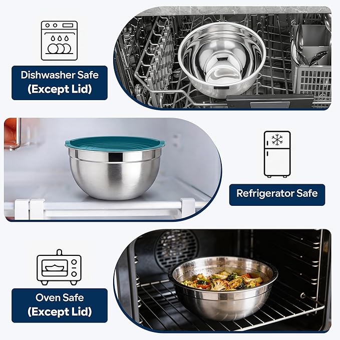 E-far Mixing Bowls With Lids Sets of 5, 10-Piece Stainless Steel Salad Metal Nesting Bowl for Baking Cooking and Prepping, Airtight Lid & Stackable Design, Size 4.6, 3, 2.1, 1.5, 0.7 QT, Blue