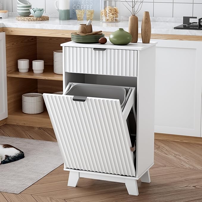 Modern Tilt Out Laundry Hamper Cabinet, 10 Gallon Wooden Trash Can Cabinet with Storage Drawer, Hidden Fluted Bathroom Storage Cabinet for Kitchen, Living Room (White, 20.47"W x 35.83"H x 13"D)