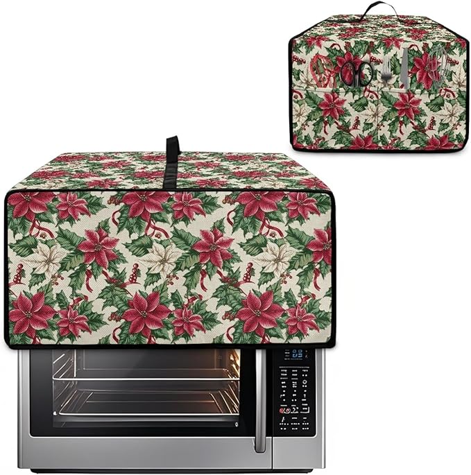 Air Fryer Toaster Oven Dust Cover Dustproof Convection Oven Cover with Side Pockets for Small Kitchen Appliances, M, 16.5 x 20.5 x 10 Inches, Poinsettia Flower Christmas Decor