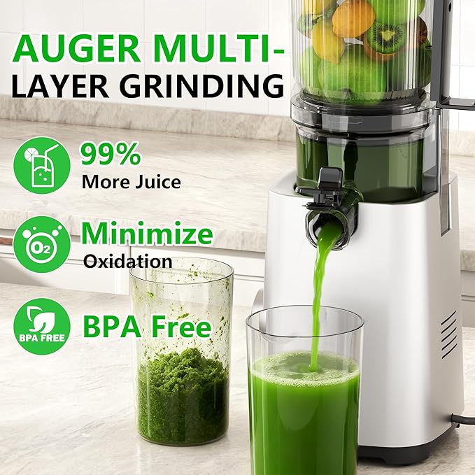 Cold Press Juicer, Juicers Machines - 5.3" Large Feed Chute for Whole Fruits & Vegetables, Powerful AC Brushless Motor, 99% Juice Yield, Ultra Quiet, Easy Clean, Extra one Replace juicer strainer