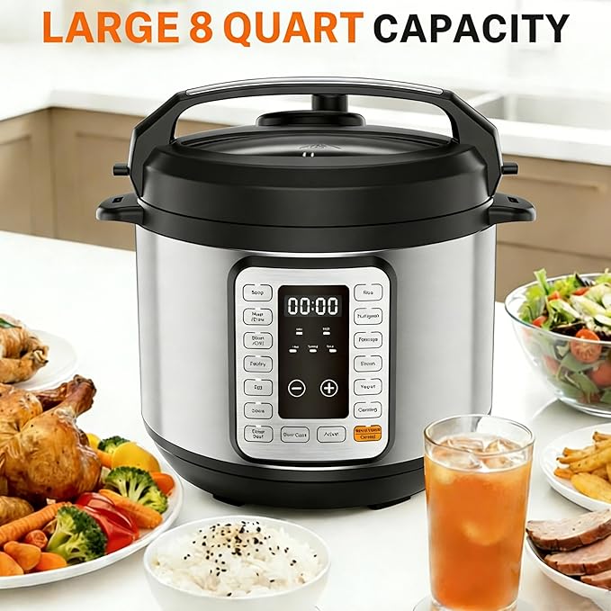 HealSmart 8QT Electric Pressure Cooker, 16-in-1 & Non-Stick Stainless Steel Multi Cooker with 12 Presets for Slow Cook, Meat Stew, Steam, Sauté, Canning, Yogurt Maker, Dishwasher Safe, Silver