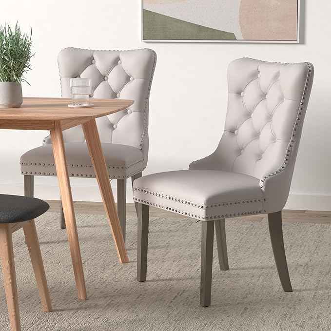 Velvet Dining Chairs Set of 6, Upholstered Dining Room Chairs with Back Ring Pull Trim and Sliver Stainless Steel Legs,Modern Kitchen Chairs Perfect for Dining Room,Living Room,Kitchen(Beige)