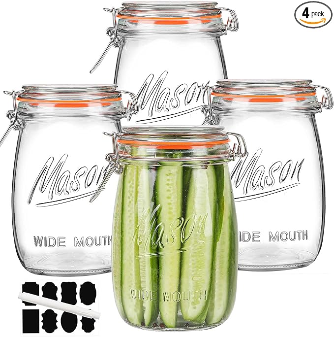 Anwoi Wide Mouth Glass Jars with Airtight Lid 32OZ 4 Pack, Kitchen Storage Large Clear Canister Jars with Hinged Lid with Measurement Marks For Canning,Coffee,Flour,Sugar,Beans
