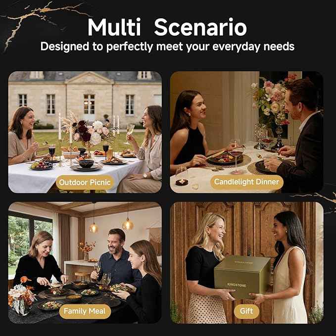 KINGSTONE Porcelain Dinnerware Sets for 8 | 24 Piece Plates and Bowls Sets Kitchen Dishes Scratch Resistant Matte Black Gold Vein Dinner Salad Plate Dishware for Party Daily Wedding