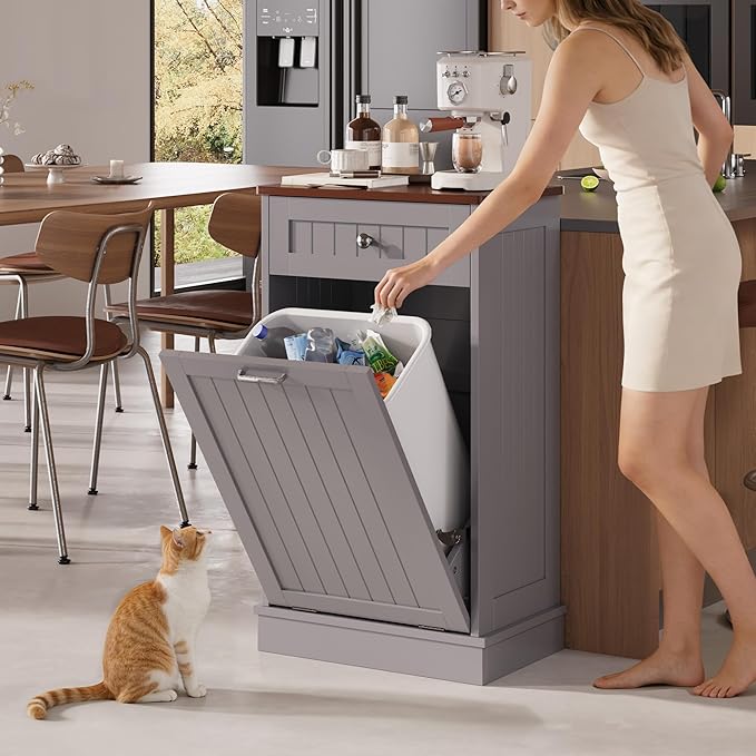 KIGOTY Tilt Out Trash Cabinet,Wooden Kitchen Trash Bin Holder Garbage Bin Recycling Cabinet Laundry Hamper with Solid Wood Countertop and Hideaway Drawer (Gray)
