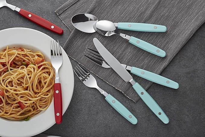 ANNOVA Silverware Set, Retro/Rivet Colorful Stainless Steel Tableware Kitchen Flatware Set Utensils, Includes Dinner Knives, Forks, Spoons, Salad Forks & Dessert Spoons (Turquoise, 20 Pieces)