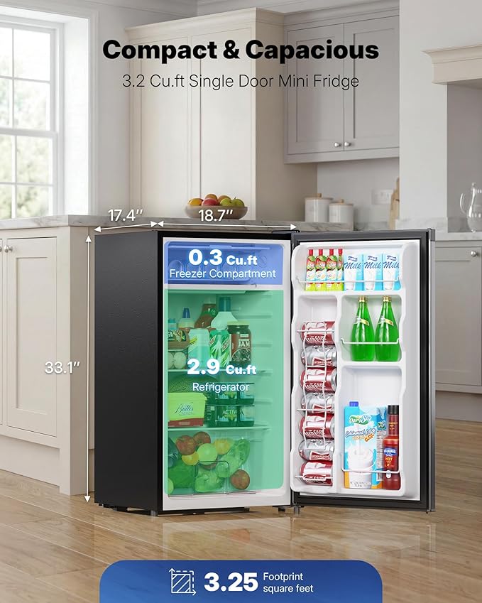 Upstreman 3.2 Cu.Ft Mini Fridge with Freezer, Single Door Compact Refrigerator, Adjustable Thermostat, Small Refrigerator for Dorm, Bedroom, Office, Stainless Steel-SR321