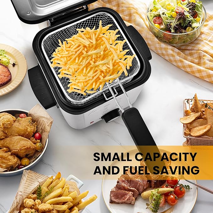 PUKOMC Electric Deep Fryer, 1.5 Liters/1.6 Qt. Oil Capacity, Small Deep Fryer with Basket for Home Use, Cool Touch Sides Easy to Clean, Nonstick Basket
