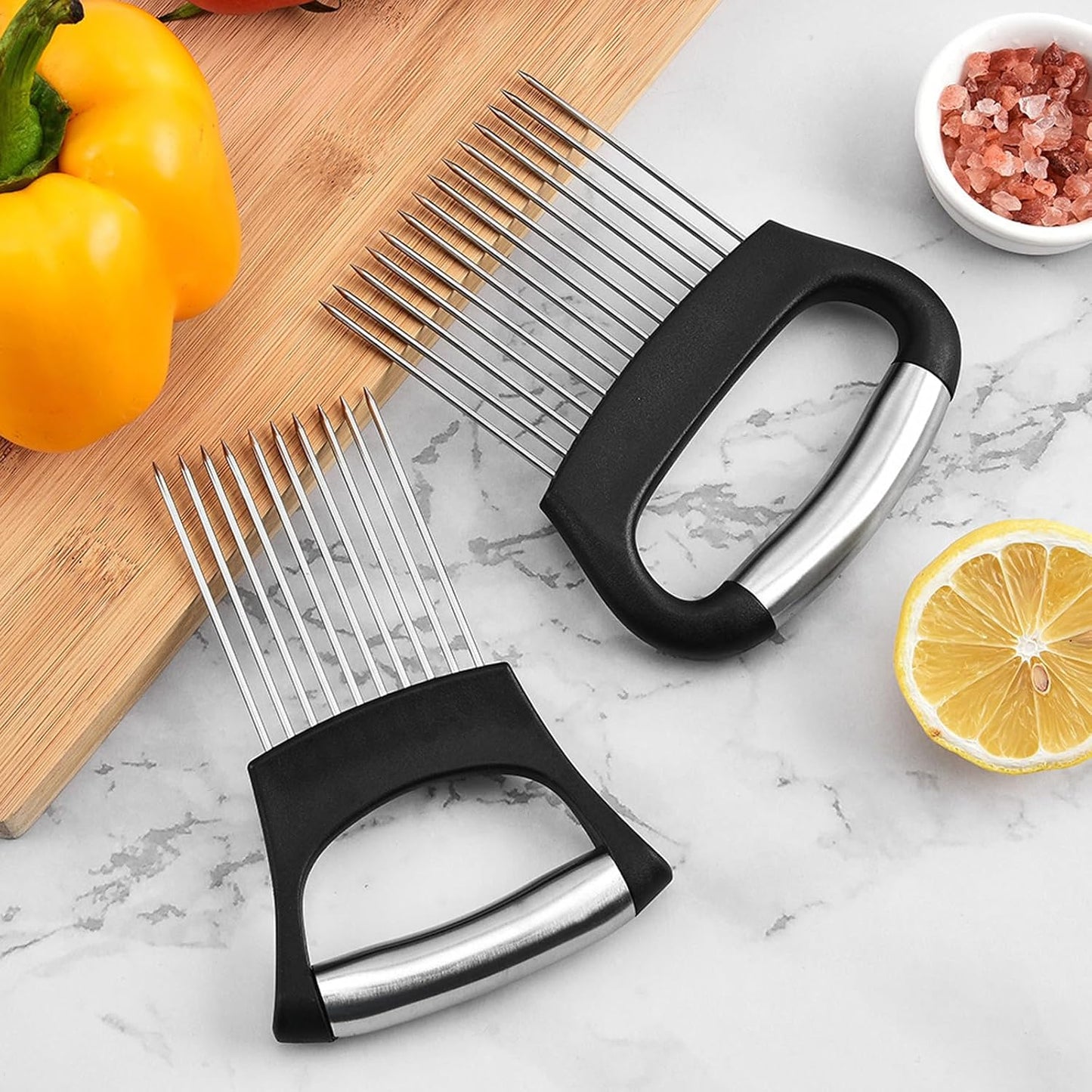 Stainless Steel Onion Slicer Holder, Onion Holder for Slicing & Onion Cutter, Tomato Slicer for Vegetables (Onions, Tomatoes, Potatoes, Avocados, Eggs), Kitchen Slicing Assistant Tool (Mix-2PCS)