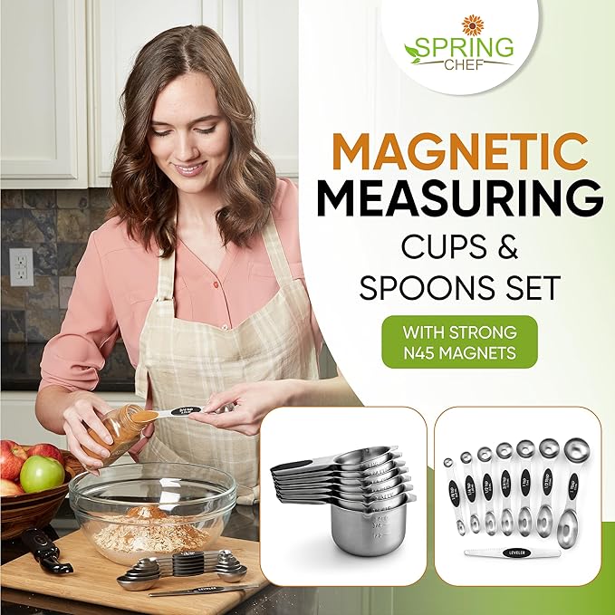 Spring Chef Stainless Steel Magnetic Measuring Cups & Spoons, Set of 15 & Large Dough Blender & Biscuit Cutter Set - 2 Product Bundle - Black