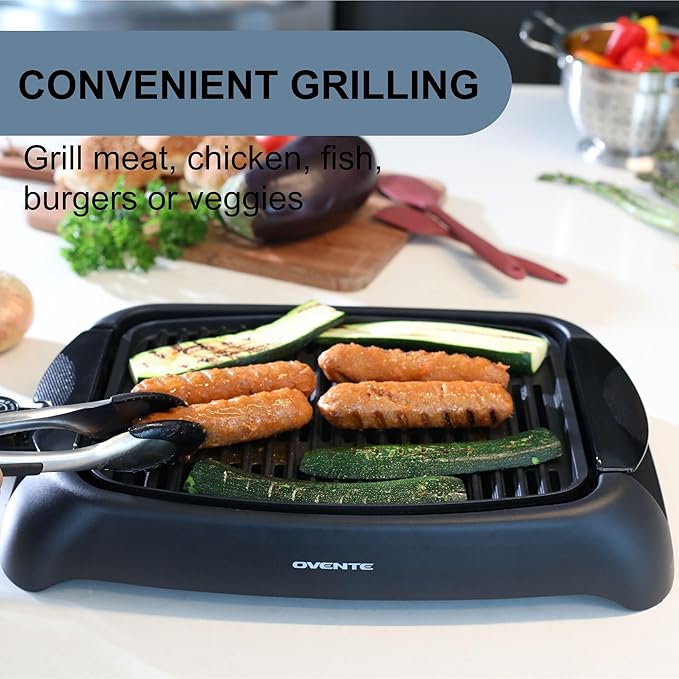 OVENTE Electric Indoor Grill with 13x10 Inch Non-Stick Cooking Surface, 1000W Fast Heat Up Power, Adjustable Temperature, Removable and Dishwasher Safe Grilling Plate and Drip Tray, Black GD1632NLB