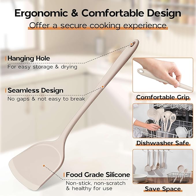 Onader Kitchen Utensils Set, Silicone Non Toxic Cooking Utensils, 6 Pcs Heat Resistant Kitchen Gadgets Set for Nonstick Cookware - Khaki