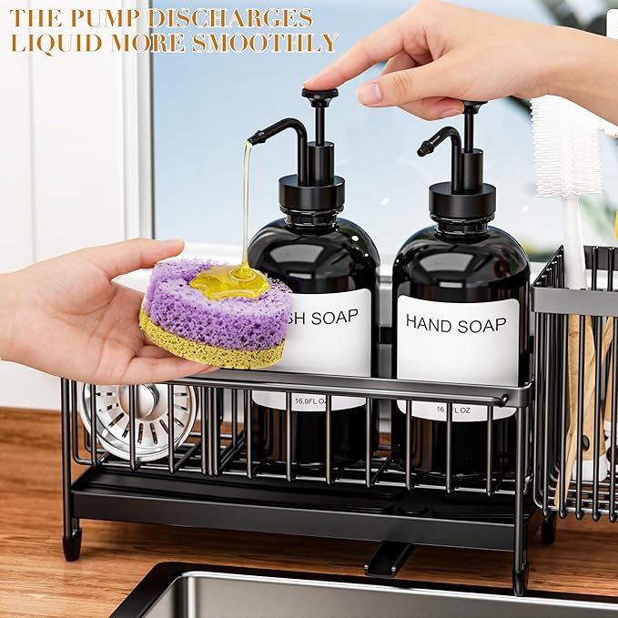 Kitchen Soap Dispenser Set with Sponge Holder and Towel Rack, 17OZ Glass Bottle, Hand and Dish Soap Dispenser Set, Non-Slip Silicone Pad, Brush Holder, Kitchen Sink Caddy Organizer Countertop (Black)