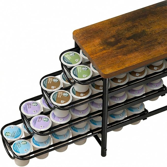 HFHOME Coffee Pod Holder with Wooden Top, Compatible with K-Cups, 4-Tier Coffee Capsule Storage Drawer, 56 Capacity Pods Organizer for Kitchen Counter, Home, Office, Black