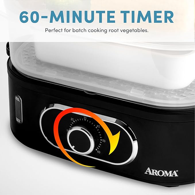 AROMA® Double Food Steamer Basket and Electric Rice Steamer with Easy-Read Water Level and Timer