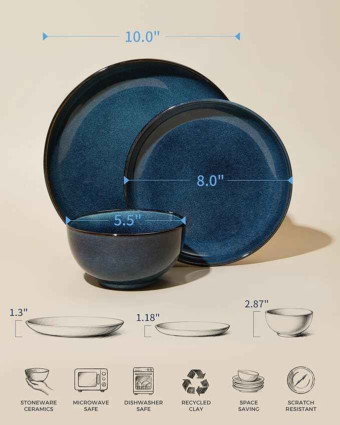 Stoneware Dinnerware Sets Service for 4, 12 pcs Reactive Glaze Plates and Bowls Sets, Handmade Ceramic Dish Set, Highly Chip and Crack Resistant Modern Plate Set, Starry Blue