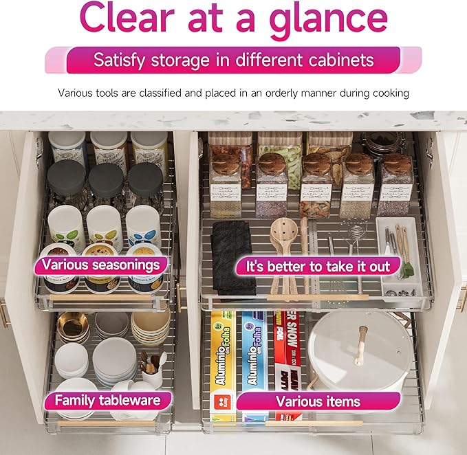 SUZLON Pull Out Cabinet Organizer, Expandable(20.9"~37.9") Cabinet Drawers Slide Out, Adjustable Width Roll 0ut Shelf Cabinet Organizer for Kitchen Base Cabinet Organization (X-Large, 2Pack)