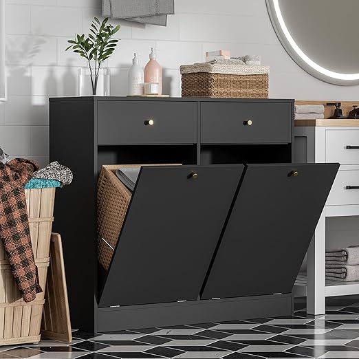 Housoul Double Tilt Out Trash Can Cabinet, Trash Storage Cabinet with 2 Drawers, Hidden Garbage Bin, Free Standing Laundry Sorter Organizer for Kitchen Dining Living Room, Bathroom, Black