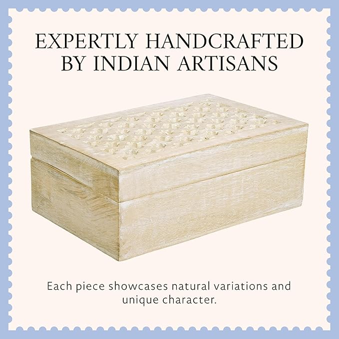 Mela Artisans Trellis Mango Wood Decorative Storage Box – Hand-Carved Wooden Jewelry Box for Keepsakes, Accessories & Home Decor – Whitewash, Large, 9 x 6 x 3.5
