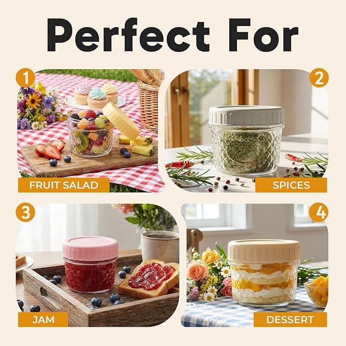 CycleMore 4oz Mason Jars, 40 Pack Small Glass Jar With Silver Separable Lids & Colorful Plastic Lids, Mini Canning Jars for Honey, Jam, Jelly, Wedding Favors, Kitchen Food Storage