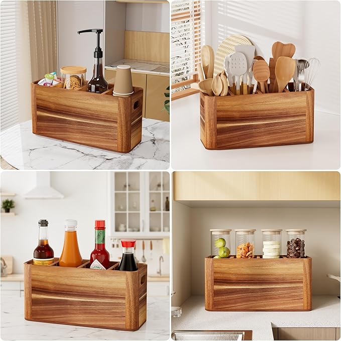 Utensil Holder for Kitchen Counter, Extra Large Utensil Holder for Countertop with 4 Compartments Wooden Cooking Utensil Organizer for Spatula Kitchen Storage, Acacia Wood