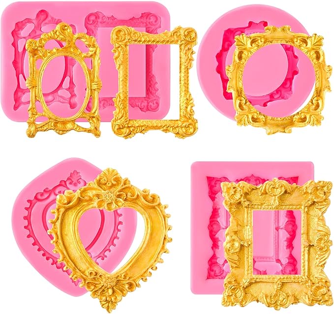 Puyeipt 4 Pcs Photo Frame Silicone Molds, Baroque Style Picture Photo Frames Fondant Molds for Cupcake Topper, Chocolate, Candy, Donut Cake Puck Decoration and Clay Craft Making