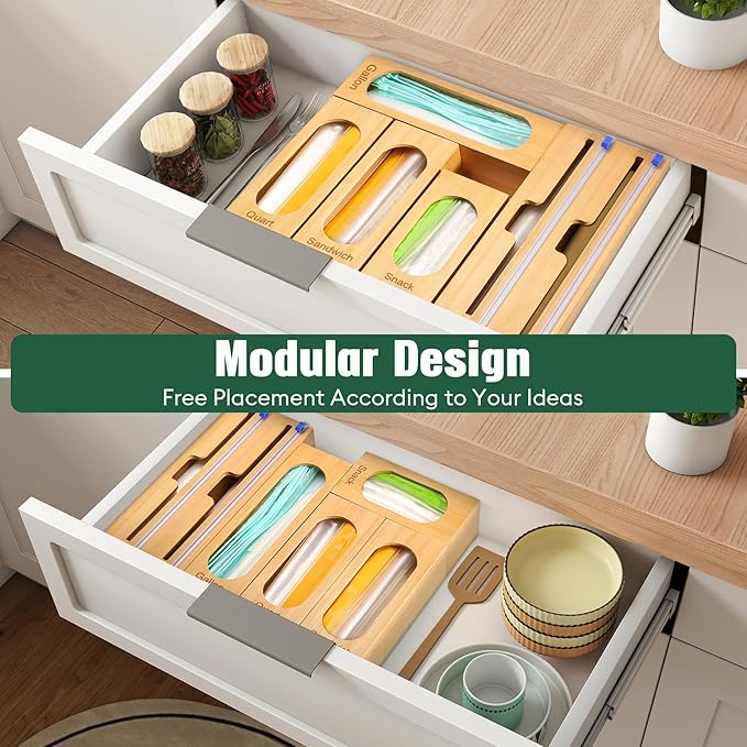 Individual Storage Bag Organizer for Kitchen Drawer, Bamboo with Foil and Plastic Wrap Organizer for Kitchen Organizers and Storage, for Gallon, Quart, Sandwich, Snack