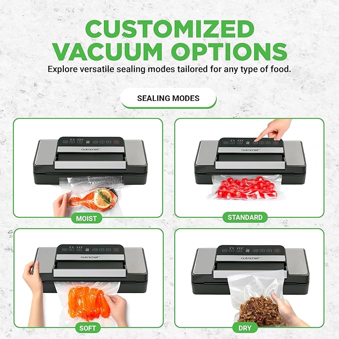 NutriChef Vacuum Sealer for Food with Easy Lock Handle, Countertop Vacuum Sealer Machine for Dry, Moist, Liquid Items, Works with Reusable Vacuum Seal Bags and Rolls, Preserves Freshness