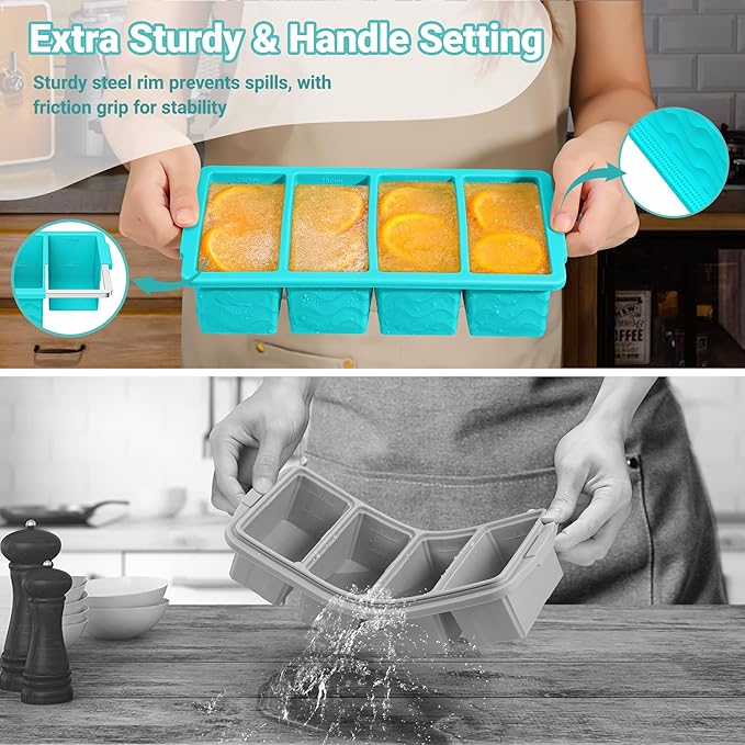 Doasuwish Silicone Freezer Molds for Soup with Lid – 1-Cup Soup Container Style Ice Cube Trays for Freezer, Meal Prep & Food Storage, Freeze 250mL/125mL Portions – 2 Pack