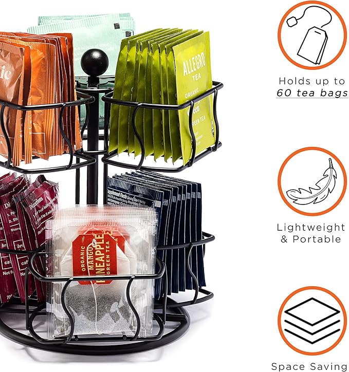 Sorbus Tea Bag Spinning Carousel - Tea Caddy Organizer for Countertop - Matcha Station Accessories - 2 Tier Revolving Storage for Pantry - Holds Up to 60 Large Tea Bags