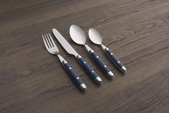 Cambridge Silverware Set, Jubilee Blue 16-Piece Flatware Set, Service For 4, 18/0 Stainless Steel, Knives Spoons And Forks Sets, Dishwasher Safe, Home And Kitchen Utensils (Black/Silver, 16 Piece)