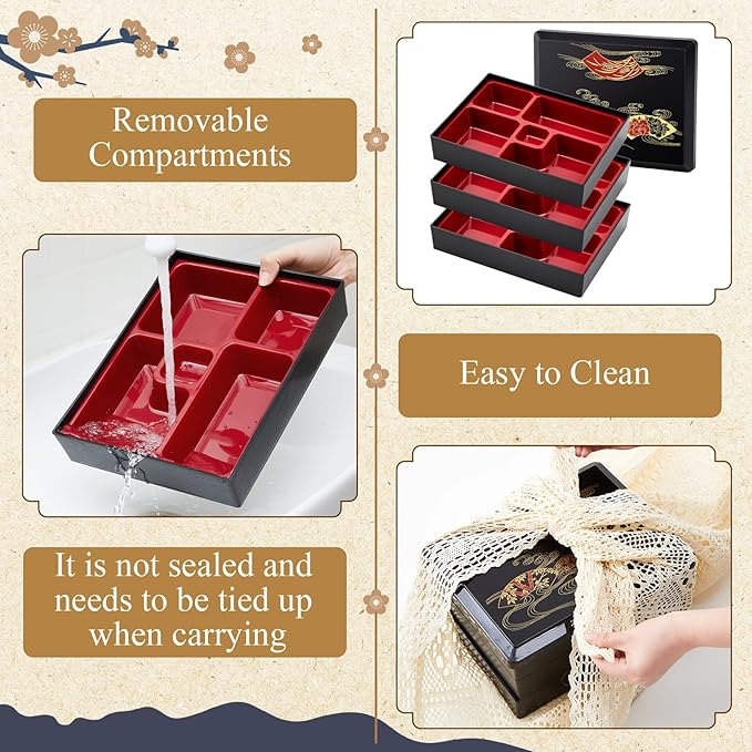 Teenyyou 1 Pcs Three -Tier Japanese Lunch Bento Box 10.6 x 8.3 x 6.1 Inch Japanese Stackable Lunch Box Divided Bento Container with Greaseproof Gift for Sushi Meal Snack Home Restaurant