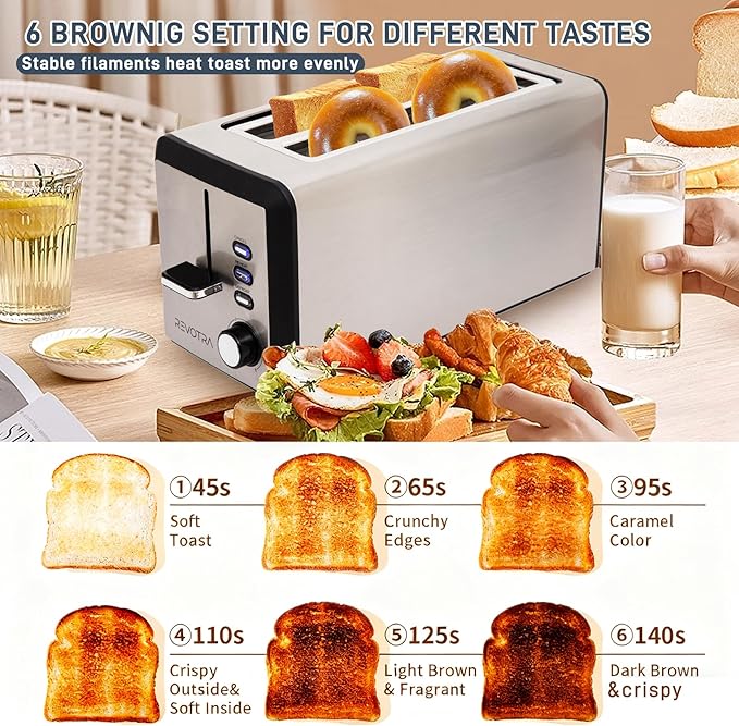 4 Slice Long Slot Stainless Steel Toaster with Extra Wide 1.5” Slots, 6 Shade Browning Settings, Defrost Reheat Cancel Functions, Even Toasting for Artisan & Sourdough Bread, Removable Crumb Tray