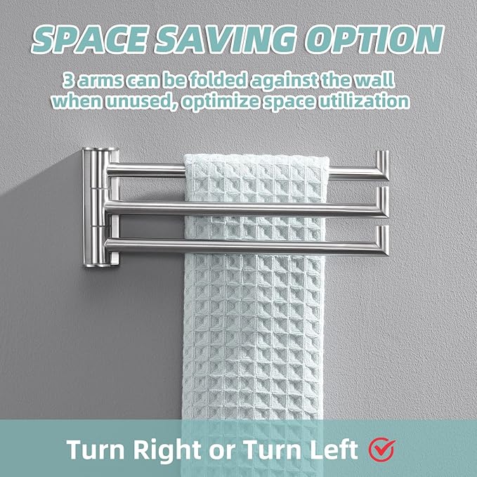 APLusee Brushed Nickel Swivel Towel Rack, 304 Stainless Steel Foldable Towel Bar with Three Swing Arm, Wall Mounted