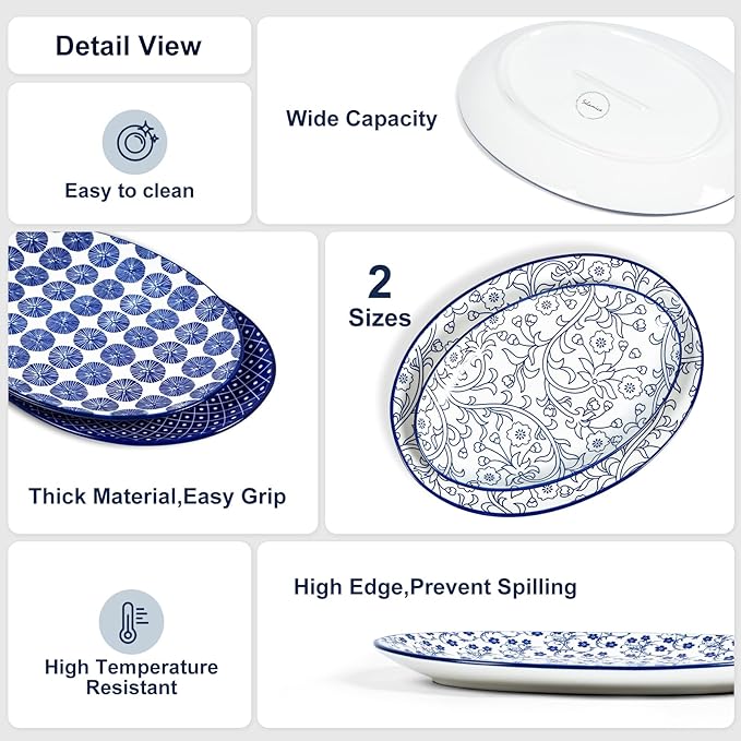 Selamica Serving Platter, 14 Inch Large Serving Dishes for Entertaining, Oval Ceramic Serving Trays for Party, Steak, Cake, Dinner, Fruit, Oven Safe, Microwave Safe, Set of 4, Vintage Blue