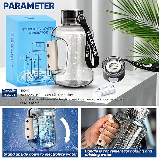 Hydrogen Water Bottle, 50.7oz/1.5L Large Hydrogen Water Bottle Generator, 1.5L Ion Water Bottle Improve Water Quality in 3 Minutes, Water Ionizer Machine Suitable for Travel and fitness Drinking(Grey)