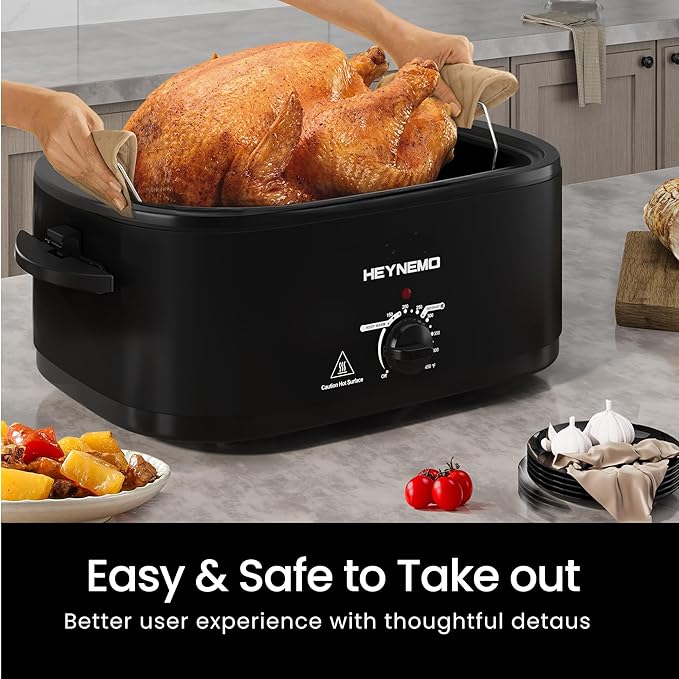 18 Quart Roaster Oven with Self-Basting Lid, Electric Turkey Roaster Oven with Defrost & Warm Function, Adjustable Temperature, Removable Pan & Rack, Stainless Steel, Black