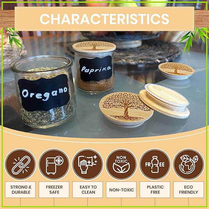 Oui Yogurt Jar Lids Bamboo Tree of Life – 24-Pack Bamboo Lids for Oui Jars with Silicone Seal – Airtight Oui Jar Covers for Yogurt Glass Jars – Labels & Cotton Storage Bag Included