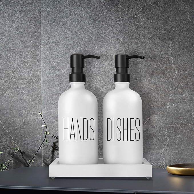 White Glass Hand Soap Dispenser and Dish Soap Dispenser for Kitchen| Kitchen Soap Dispenser Set |Black Soap Pumps Dispenser Set| Perfect for Luxury Kitchen Counter Décor