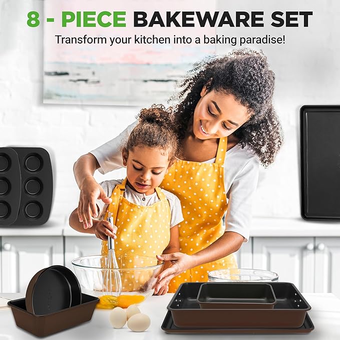 NutriChef 8-Piece Nonstick Stackable Bakeware Set – Non Toxic Carbon Steel Baking Trays W/Cookies Sheet Muffin, Loaf, Cake, Round & Square Pan – Easy To clean & Easy to Release, Oven Safe – Brown