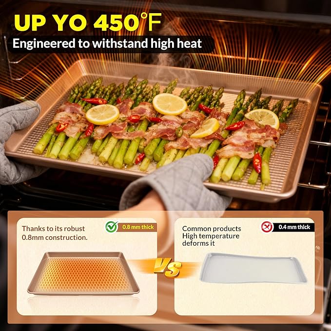 Professional Non-Stick Baking Sheets Set, 3-Piece Heavy Duty Carbon Steel Cookie Sheets with Oven Safe & Even Heating for Baking, Roasting, Cooking (Champagne Gold)