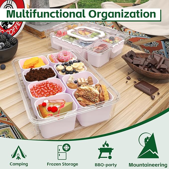 REBECAT Divided Serving Tray with Lid and Handles 8 Compartments Snack Box Container Charcuterie Organizer Snackle Box Container for Candy,Nuts，Fruits,Snacks,2 Pack,Pink