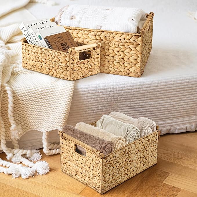 Greenatural Water Hyacinth Storage Baskets Set of 3, Handwoven Rectangular Organizer with Wooden Handles, 3 Different Sizes, Nested Wicker Bins for Shelf, Bathroom, Kitchen, Office, Natural Home Decor