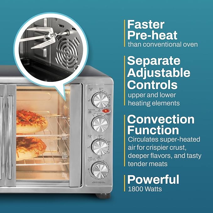 Elite Gourmet ETO4510MX French Door 47.5Qt, 18-Slice Convection Oven 4-Control Knobs, Bake Broil Toast Rotisserie Keep Warm, Includes 2 x 14" Pizza Racks, Stainless Steel
