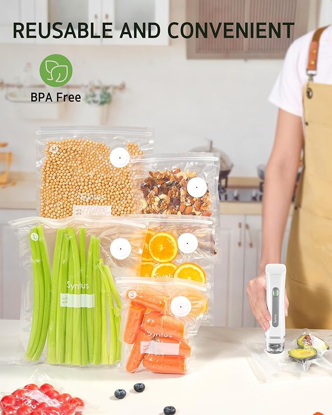 Syntus Vacuum Sealer Bags for Food, 60 Pcs (S+M+L) 8" x 10" and 10" x 13.8" and 11.8" x 13.8" Food Storage Bags for Sous Vide Cooking Microwave Heating, Air Valve Zipper Bags