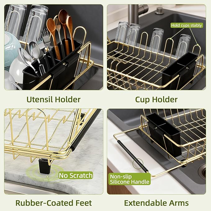 Golden Expandable Dish Drying Rack with Silicone Drying Mat-Extra Large Stainless Steel Dish Drainer Over The Sink with Utensil Holder, Applicable for Sink Width 16'-22' (Gold,23.2'*12.2')